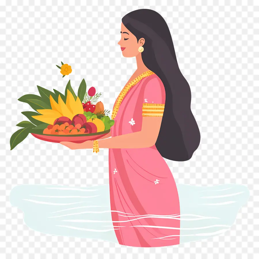 Chhath Puja，Wanita Berpakaian Tradisional Dengan Persembahan PNG