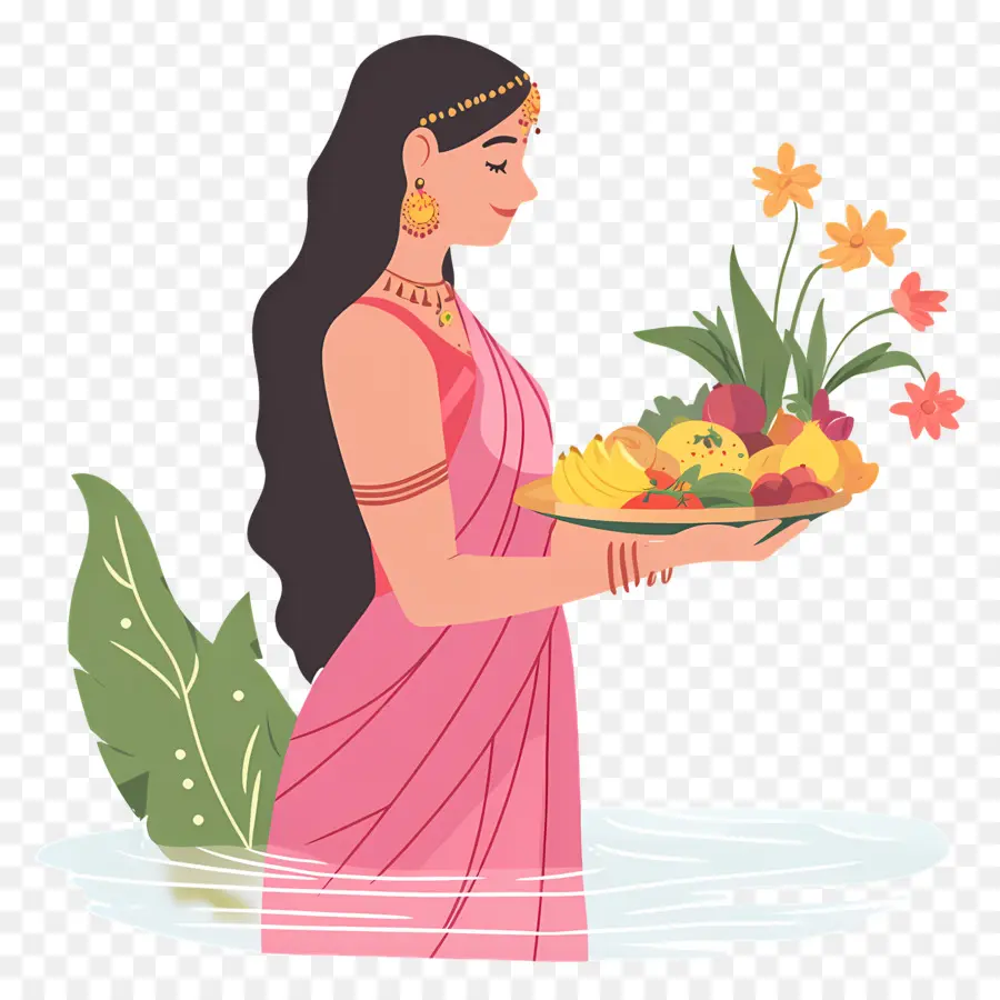 Chhath Puja，Wanita Berpakaian Tradisional Dengan Persembahan PNG