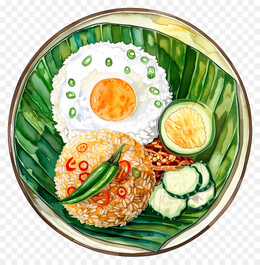 Nasi Goreng，Nasi Dan Telur Di Daun Pisang PNG