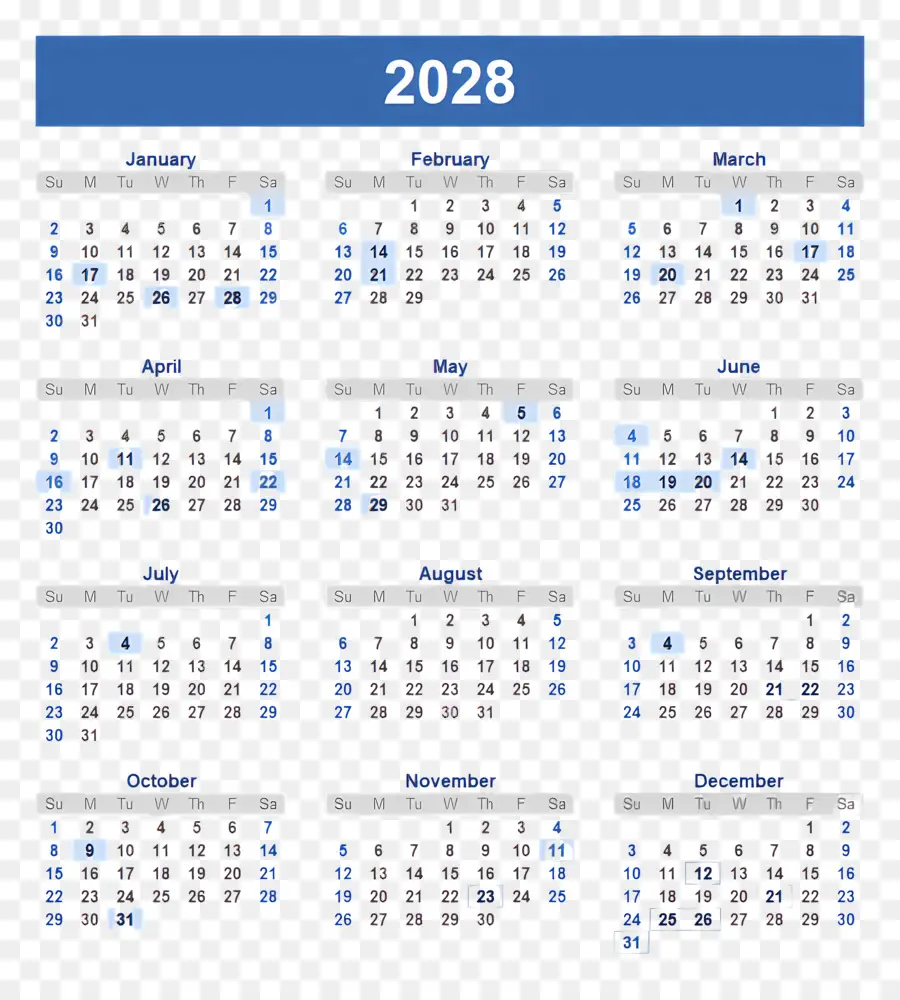 Kalender 2028，Tahun PNG