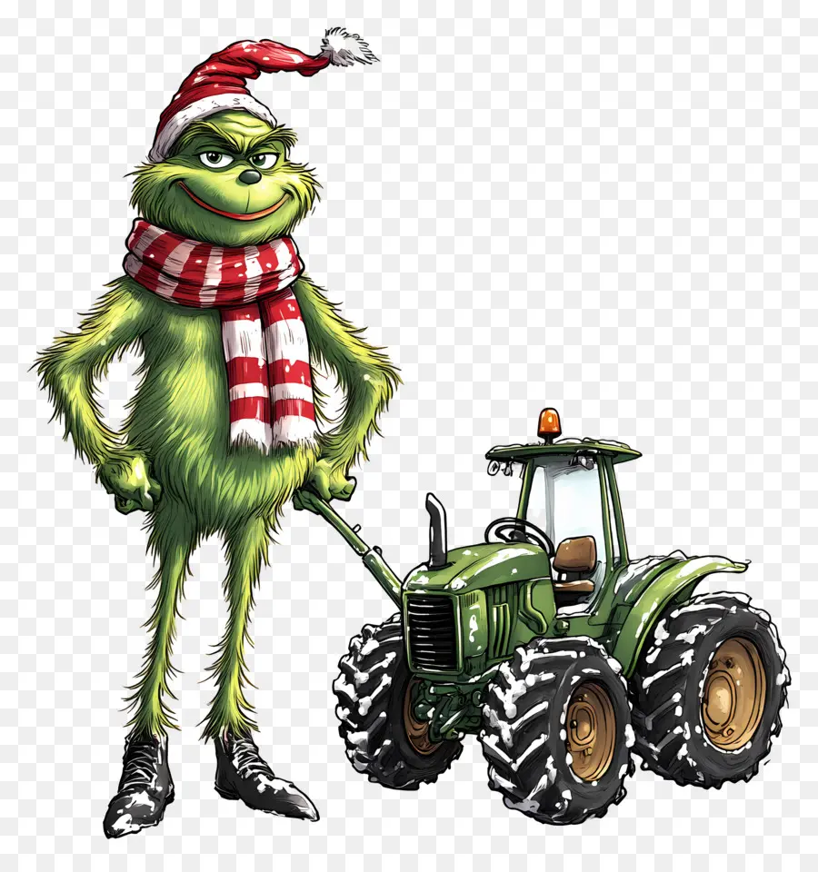 Grinch Natal，Makhluk Hijau Dengan Traktor Kuning PNG