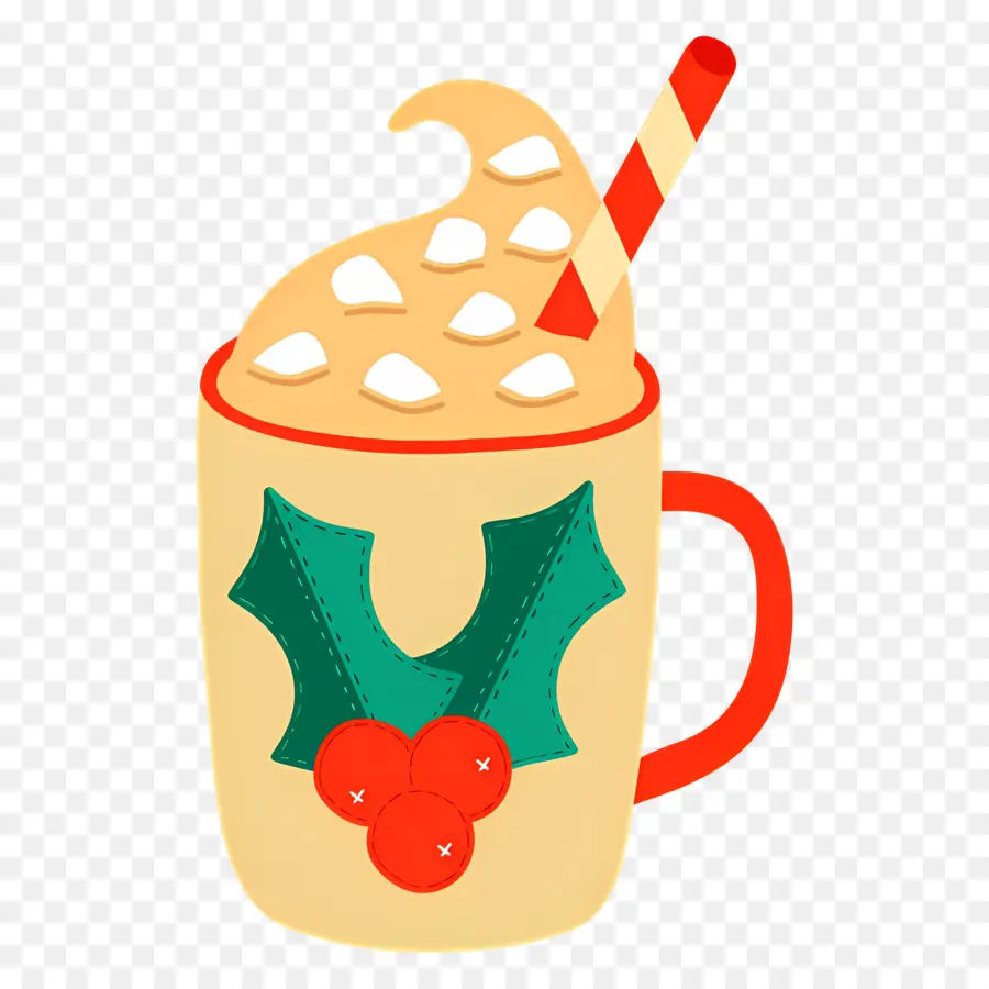 Coklat Panas Natal，Mug Kuning Dengan Holly PNG