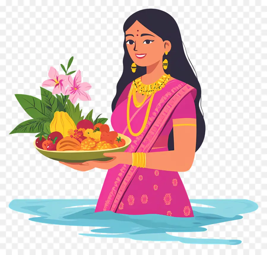 Chhath Puja，Wanita Berpakaian Tradisional Dengan Persembahan PNG