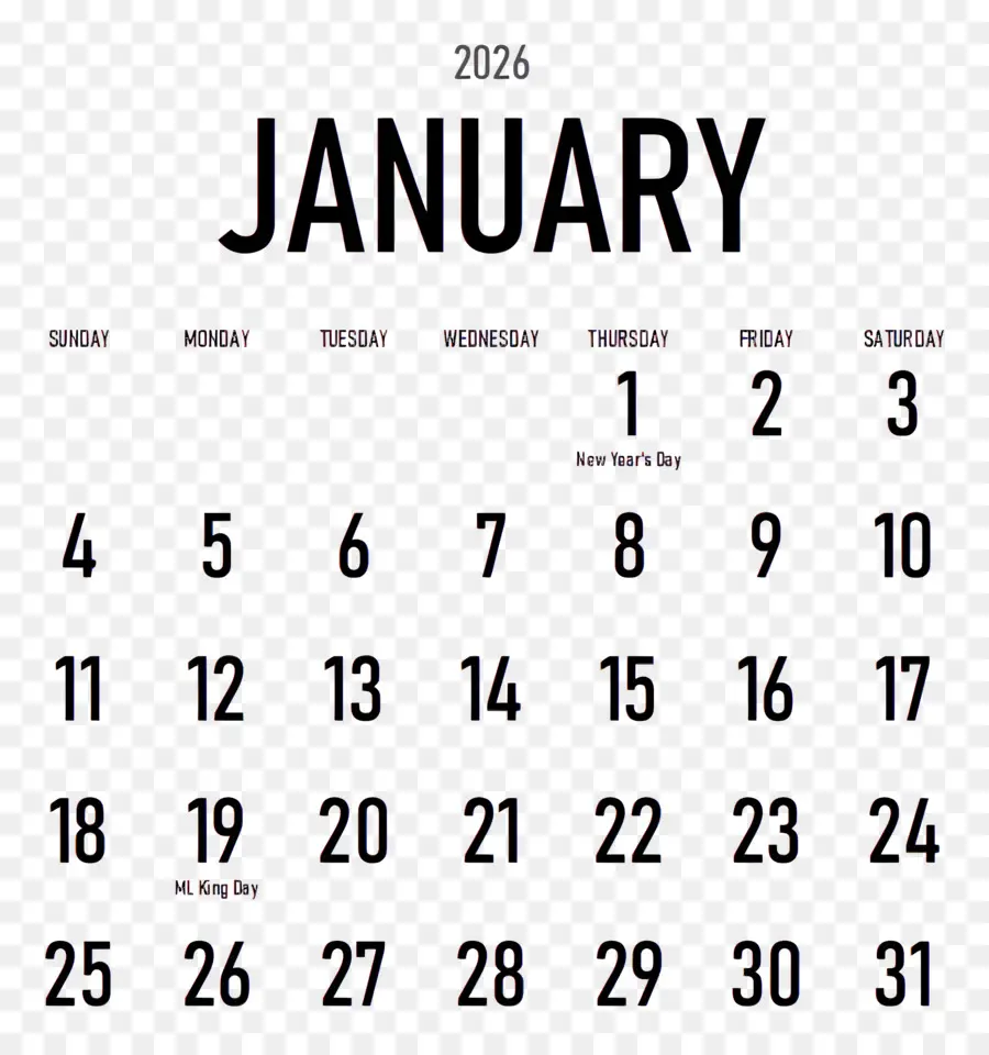 Kalender Januari 2026，Januari 2026 PNG