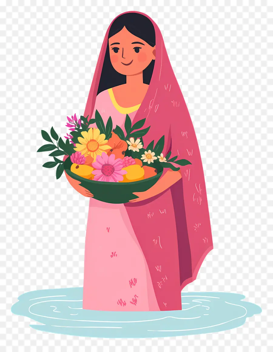 Chhath Puja，Wanita Dengan Saree Merah Muda PNG