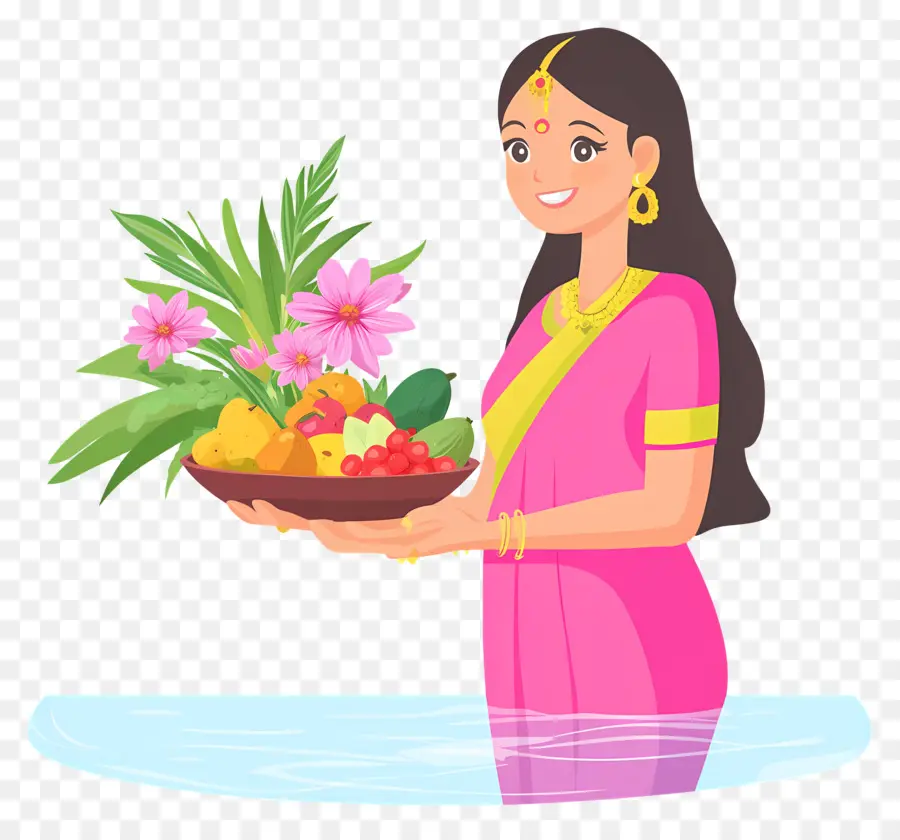 Chhath Puja，Wanita Berpakaian Tradisional Dengan Persembahan PNG