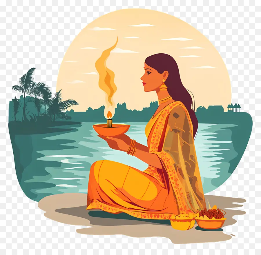 Chhath Puja，Wanita Dengan Diya PNG