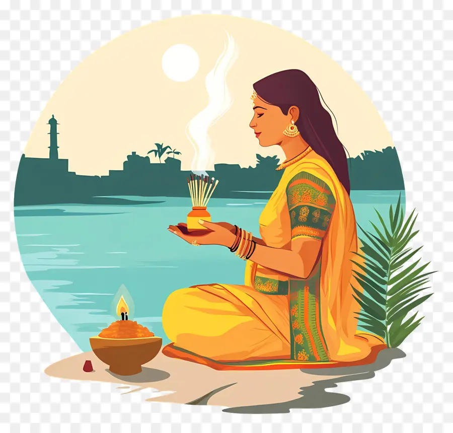 Chhath Puja，Wanita Dengan Diya PNG