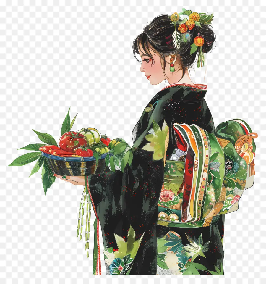 Wanita Tradisional，Wanita Di Kimono Dengan Buah PNG