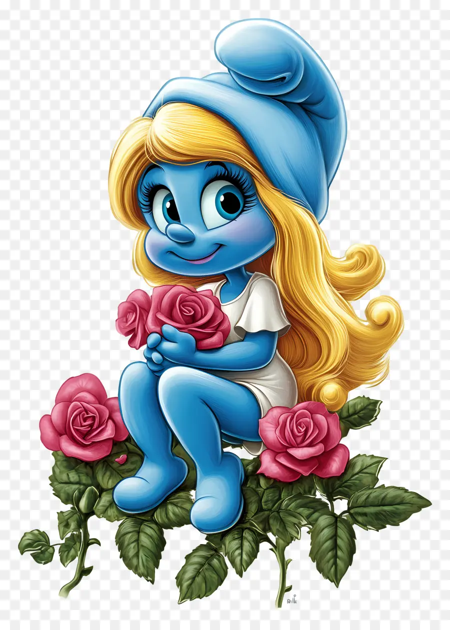 Smurfette，Karakter Kartun Biru Dengan Mawar PNG