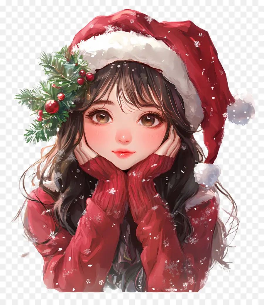 Anime Natal，Gadis Bertopi Santa PNG